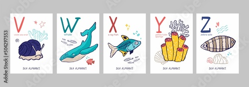 Set of postcards with letters of alphabet, marine symbols isolated on white. Collection of posters with whale, snail, x-ray fish studying letters, nursery decor. Cartoon vector illustration