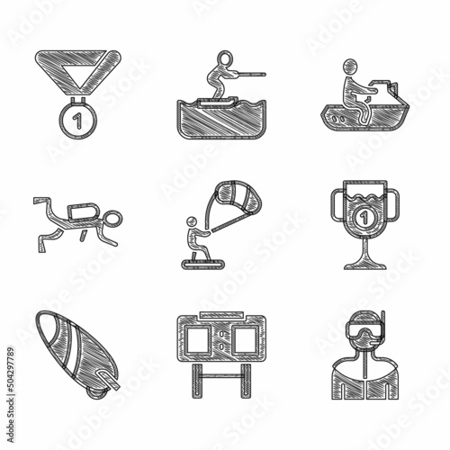 Set Kitesurfing, Sport mechanical scoreboard, Wetsuit for scuba diving, Award cup, Surfboard, Scuba diver, Jet ski and Medal icon. Vector