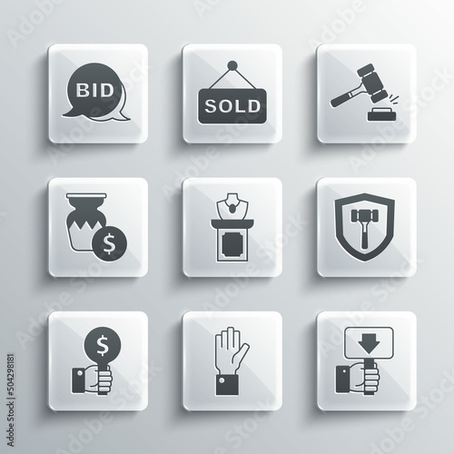 Set Hand holding auction, paddle, Auction hammer, jewelry sale, ancient vase, Bid and icon. Vector