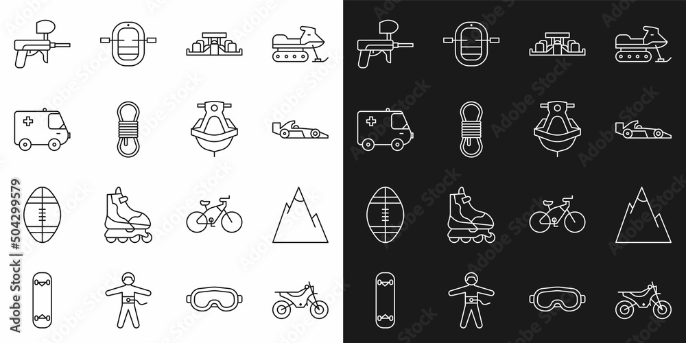 Set line Mountain bike, Mountains, Formula 1 racing car, Climber rope, Ambulance and emergency, Paintball gun and Jet ski icon. Vector