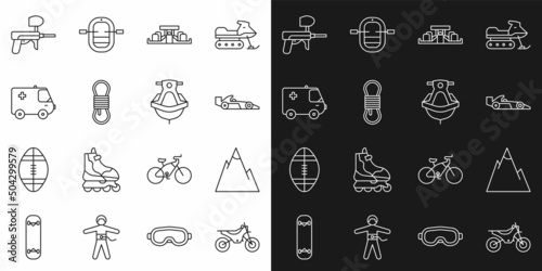 Set line Mountain bike, Mountains, Formula 1 racing car, Climber rope, Ambulance and emergency, Paintball gun and Jet ski icon. Vector