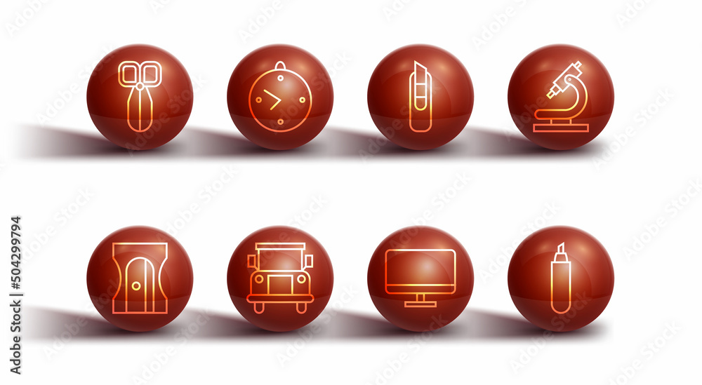Set line Scissors, Pencil sharpener, Microscope, Computer monitor screen, School Bus, Clock, Marker and Stationery knife icon. Vector Set line Scissors, Pencil sharpener, Microscope, Computer monitor screen, School Bus, Clock, Marker and Stationery knife icon. Vector