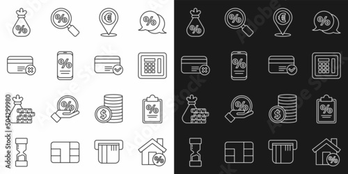 Set line House with percant discount, Finance document, Safe, Cash location, Percent and mobile, Credit card remove, Money bag percent and icon. Vector