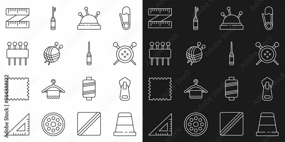 Naklejka premium Set line Thimble for sewing, Zipper, Sewing button and knitting needles, Needle bed, Yarn ball with, Tape measure and Awl tool icon. Vector