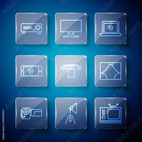 Set line Cinema camera, Movie spotlight, Retro tv, Online play video, Limousine car and carpet, Movie, film, media projector and Curtain icon. Vector