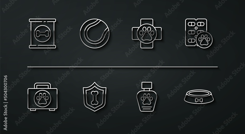 Set line Canned food, Pet first aid kit, Dog pill, shampoo, Animal health insurance, Tennis ball, bowl and Veterinary clinic icon. Vector Set line Canned food, Pet first aid kit, Dog pill, shampoo, Animal health insurance, Tennis ball, bowl and Veterinary clinic icon. Vector