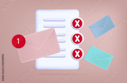 3d survey page or checklist. The result of an exam, test, or report in an envelope. Correct answers on the paper page of the document. The concept of a completed task. Negative result. Vector 