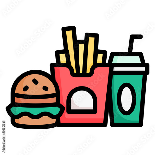 Fast food burger french fries drink cup filled line color icon. Can be used for digital product, presentation, print design and more.