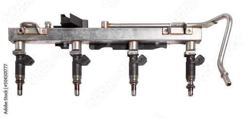 Foto Close-up on a car fuel injector for supplying gasoline to cylinder engine on a white isolated background