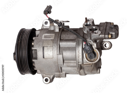 Car spare part air conditioning compressor - pump for supplying freon under pressure to the climate control system to cool the air in hot summer. Spare parts catalog from junkyard