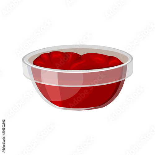 Glass bowl with ketchup or tomato sauce. Vector isolated illustration for the menu of fast food restaurants, barbecue. A cup with fresh dairy product is ideal for applications, games and menus.