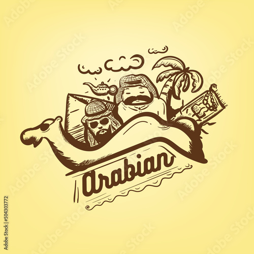 Arabian doodle vector illustration. camel, people, sun, pyramid, coconut tree, lamp ,clouds, sand.