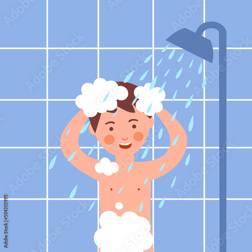 Little boy child taking shower in bathroom in flat design.