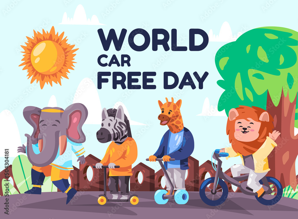 World car free day poster for kids animal riding bicycle elephant zebra giraffe and lion in fun shiny day World car free day poster for kids animal riding bicycle elephant zebra giraffe and lion in fun shiny day