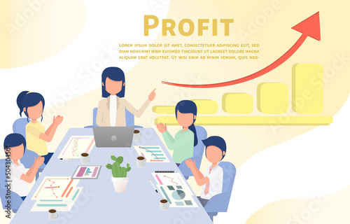 Employees discuss ideas for profitable organizations. The boss shows the stock chart up. Vector illustration Eps10.