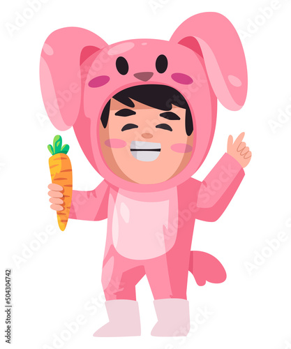 Rabbit animal costume wearing suit holding carrot character smiling happy funny children