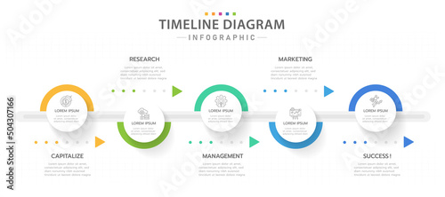 Infographic template for business. 5 Steps Modern Timeline diagram with progress arrows, presentation vector infographic.