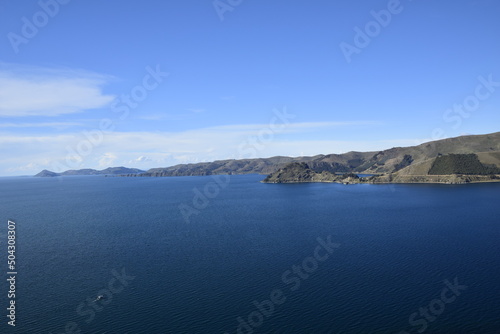 A landscape of Copacabana and Lake Titicaca. Copacabana, Bolivia