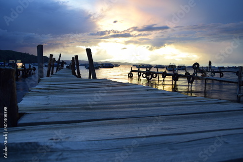 Sunset in a harbor of Copacabana town on Titicaca lake, Bolivia