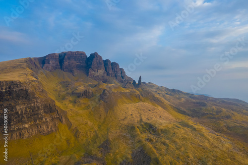 Aerial  Isle of Skye  Scotland  UK  Old Man of Storr  at Sunrise Sunset  Ancient Natural Stone Monument Summer