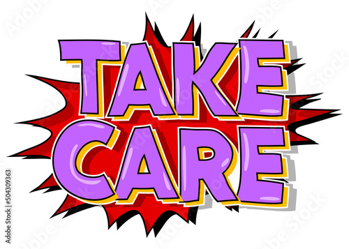 Take Care. Word written with Children s font in cartoon style.