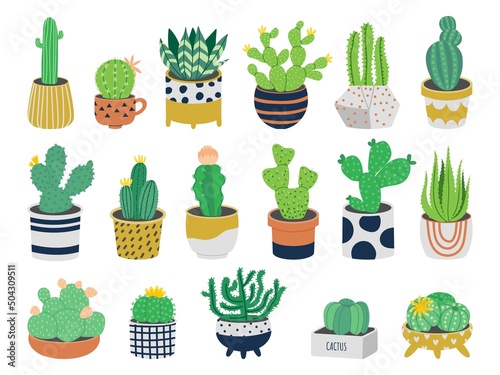 Cactus in pots. Cute cartoon exotic succulent plants in flower pots, decorative desert plant. Vector isolated set
