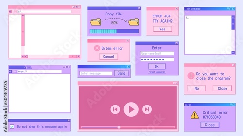 Retro computer window. Retrowave internet browser, frame folder, pop-up message 90s design. Vector old software UI set