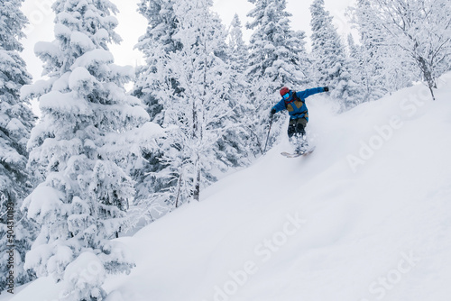 A skier going down a steep slope in spruce forest. Extreme outdoor sport