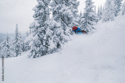Skier riding on his ski in snow powder in deep spruce forest