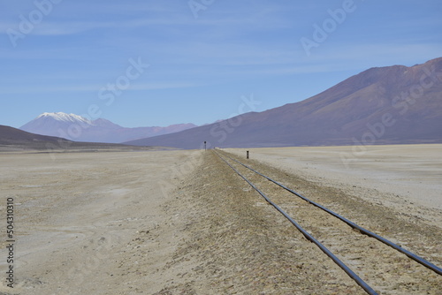 Railway rails on the territory of Salar de Uyuni  Bolivia