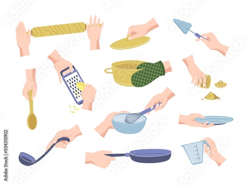 Arms cooking food set. Preparing process with female hands holding kitchen accessories and utensils. Vector kitchenware and culinary equipment set