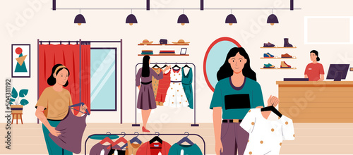 Fashion boutique. Cartoon women characters in clothing store looking and trying trendy shoes and clothes. Vector illustration