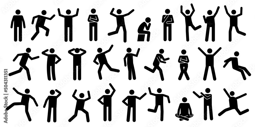 Stick man body. Black pictogram silhouettes of people in various relaxed and dynamic postures. Vector human movement and gestures isolated set - obrazy, fototapety, plakaty 