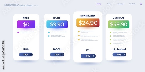 Pricing table. Monthly subscription comparison table infographic template with checklist of features. Vector web application presentation