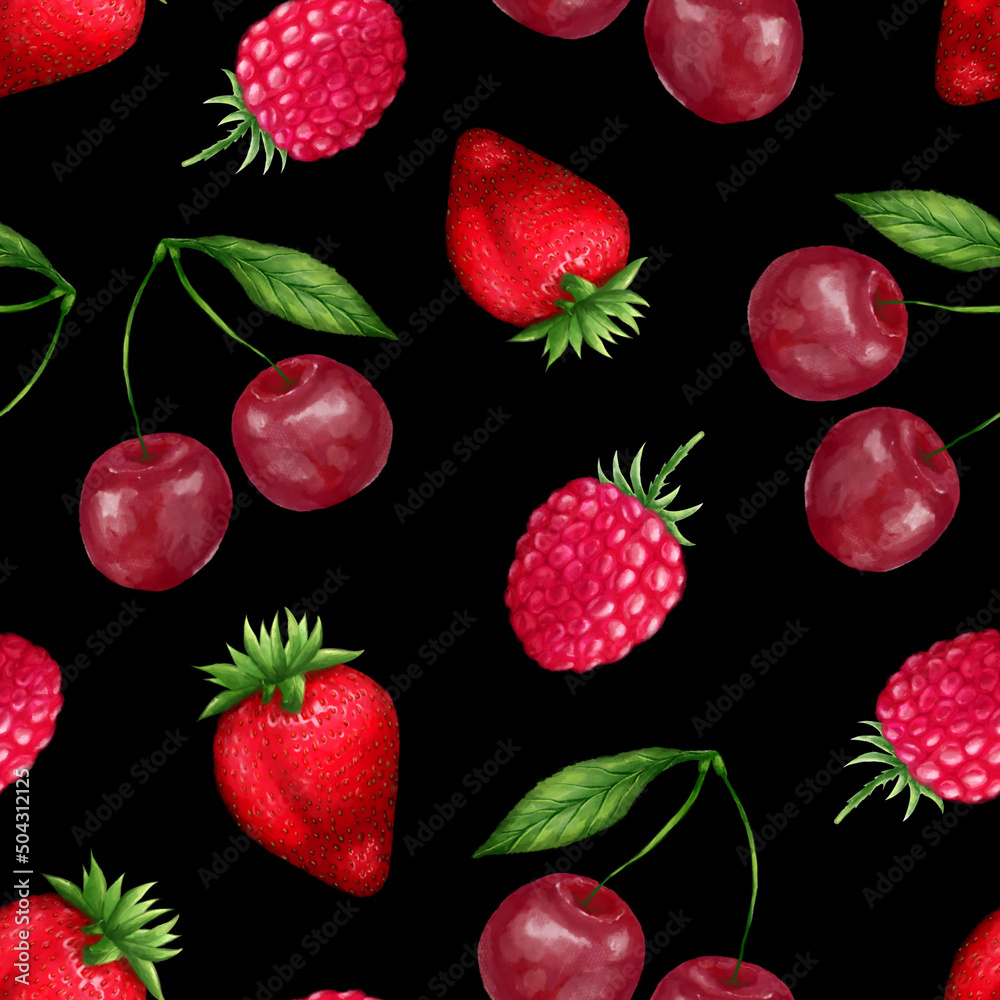 Juicy berries seamless pattern. Bright summer design in a watercolor style.