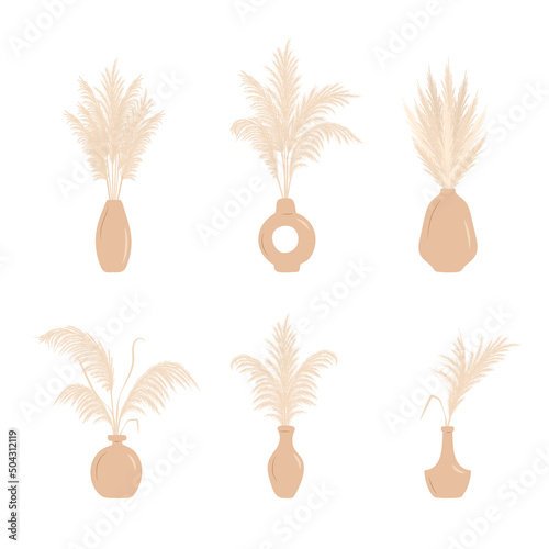 Dry pampas grass in vases. Set of cortaderia arrangements in boho style. Vector dried flowers isolated on white background. Trendy element design for wedding invitations, postcards, home interior.