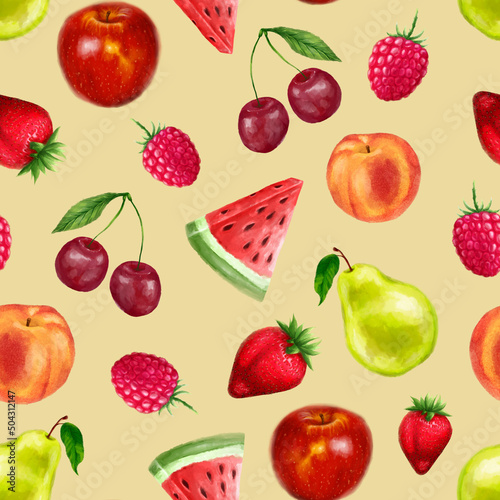 Fototapeta Naklejka Na Ścianę i Meble -  Juicy fruits seamless pattern. Bright summer design in a watercolor style.