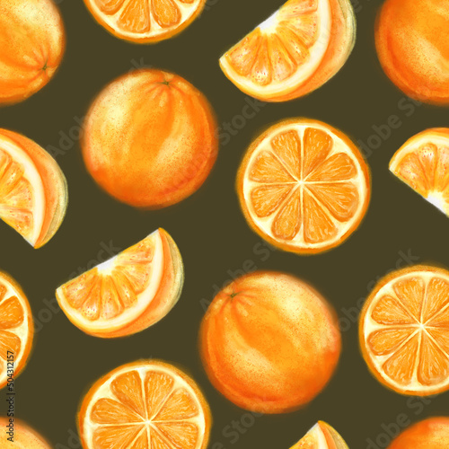 Juicy oranges seamless pattern. Bright summer design in a watercolor style.