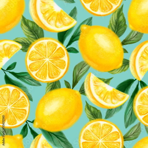 Juicy lemons seamless pattern. Bright summer design in a watercolor style.