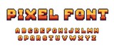 Pixel game font. Arcade 8 bit alphabet symbols, retro console text elements, 80s type letters. Vector computer and video game comic letter set