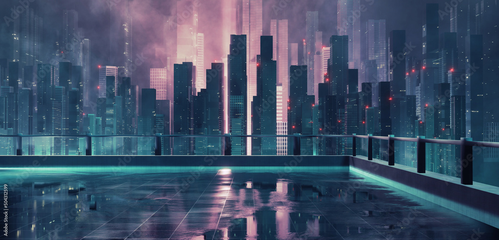 3D Rendering of neon glow mega city with light reflection from puddles on  building deck rooftop. Concept for night life, business district center  (CBD) Cyber punk theme, tech product, game background Stock
