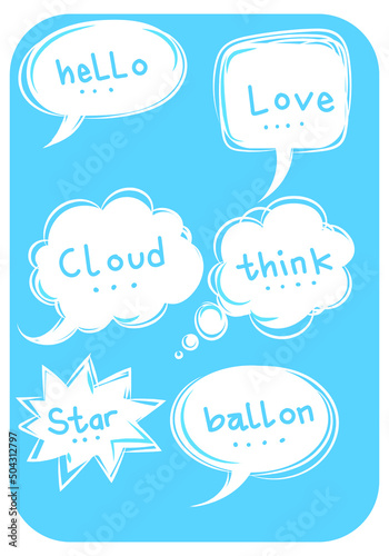 White bubble speech hand drawn various icon,symbol,vector illustration. Vintage,old style isolated on blue background.