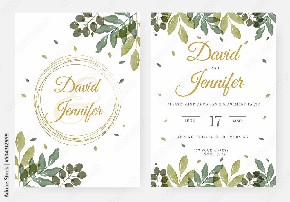 Wedding invitation card template with golden lines, watercolor botanical leaves, aquarelle. Watercolor style. Abstract art vector background design for wedding cover template. Vector illustration.