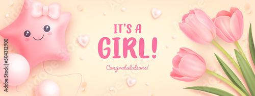 Baby shower horizontal banner with cartoon helium balloons and realistic tulips on beige background. It's a girl. Vector illustration