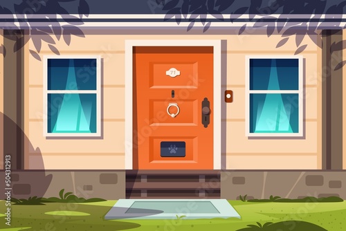 Cottage facade. Cartoon country house front exterior with entrance windows and doorstep. Vector rural home facade illustration