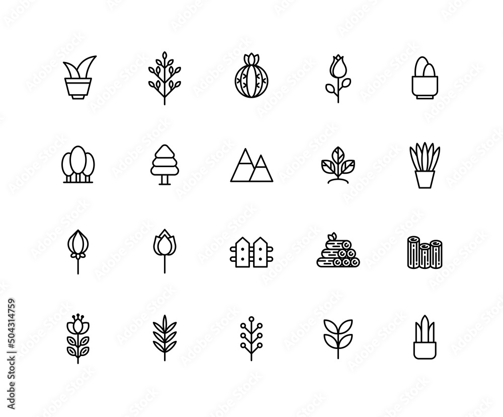 Collection of Flower linear icons. Set of Cactus, Leaf, plant symbols