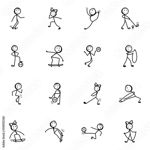 Sport Activities Hand Drawn Stick Figure Icons 