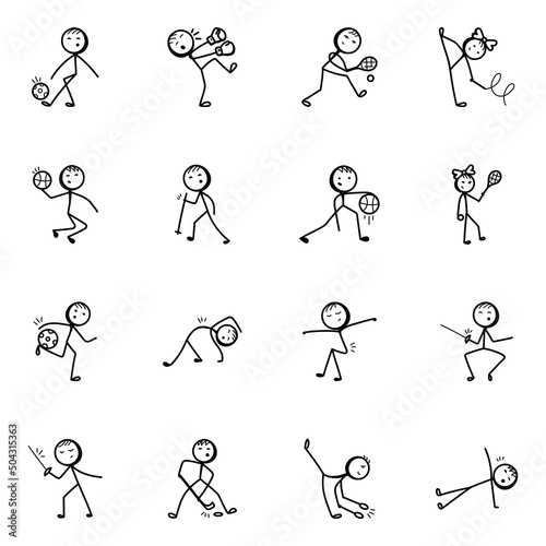 Sports and Games Doodle Stick Figure Icons 