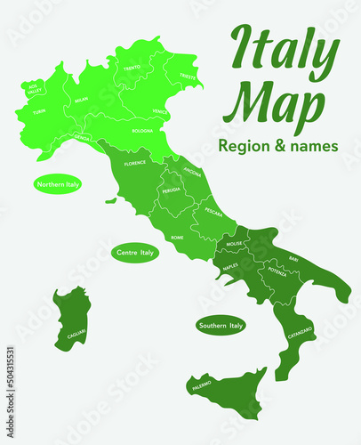 Map of Italy with name and region marked with colours.