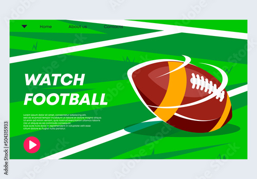 vector illustration banner template for the website with American football ball lying on the green lawn of a football field, a service for watching an online match via the Internet